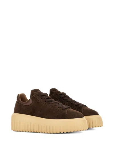 Hogan Leather Lace-up Sneakers Platform Sole In Brown