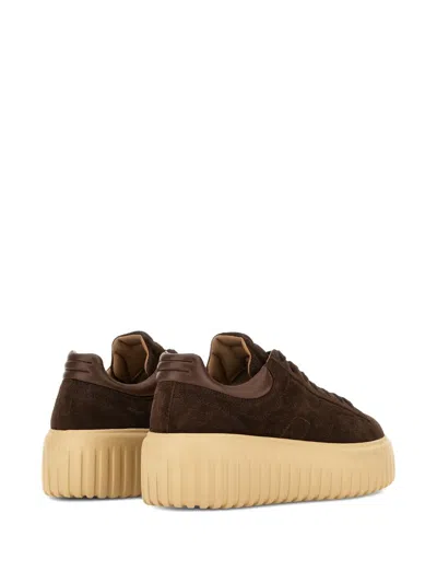 Hogan Leather Lace-up Sneakers Platform Sole In Brown