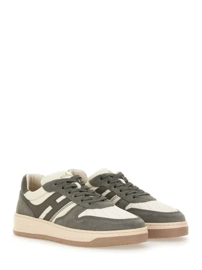 Hogan Grey White Leather Basket Cam Sneakers In Gray