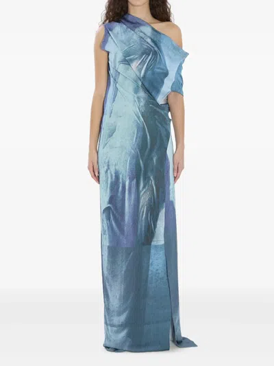 Jean Paul Gaultier Printed Long Sleeveless Satin Dress With Cuffling Detail On The Back In Blue