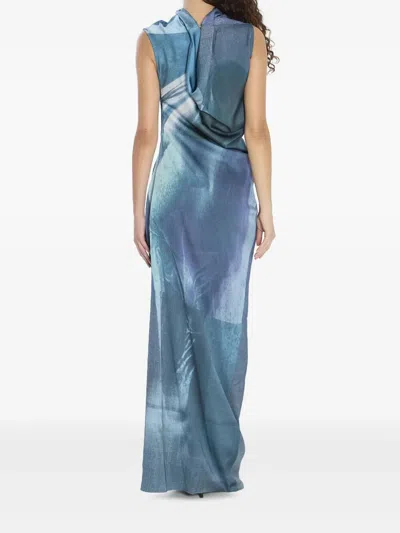 Jean Paul Gaultier Printed Long Sleeveless Satin Dress With Cuffling Detail On The Back In Blue