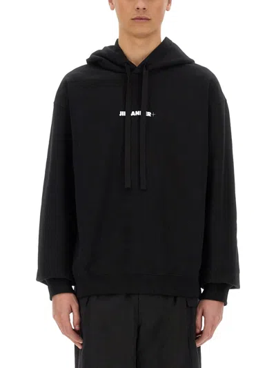 Jil Sander Logo Cotton Hoodie In Black