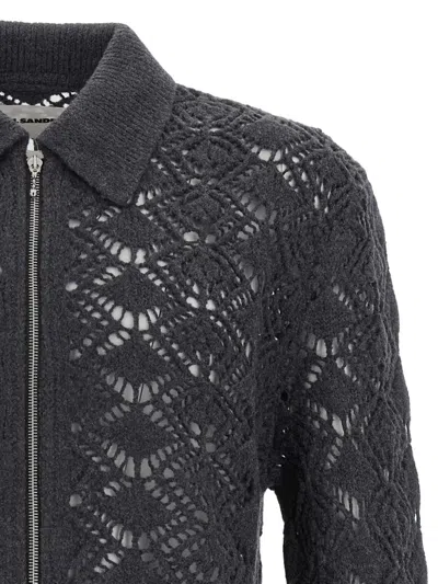 Jil Sander Collared Wool Cardigan With Textured Knit In Black