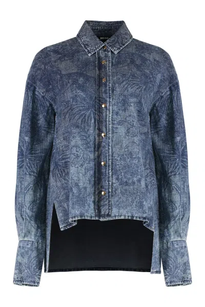 Just Cavalli Denim Shirt Featuring Asymmetrical Hem In Blue