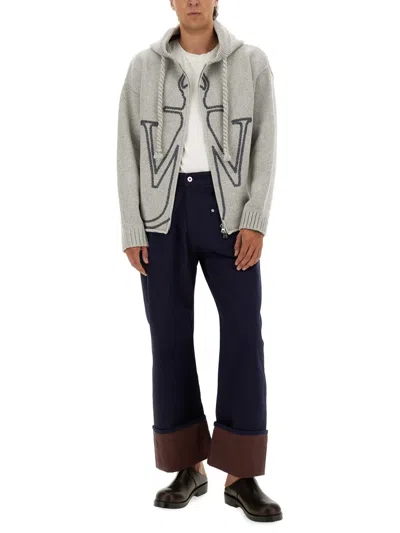 Jw Anderson Grey Sweatshirt With Drawstring Hood And Maxi Anchor Embroidery On The Front In Wool Man In Gray