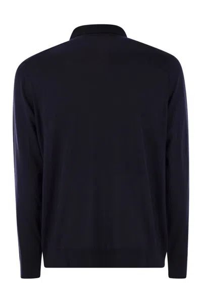 Kiton Wool Long Sleeve Polo With Ribbed Cuffs And Hem In Blue