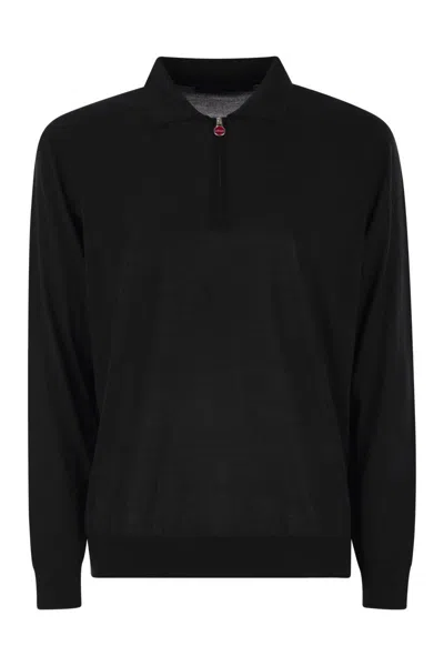Kiton Wool Long Sleeve Polo With Ribbed Cuffs And Hem In Black