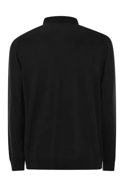 Kiton Wool Long Sleeve Polo With Ribbed Cuffs And Hem In Black