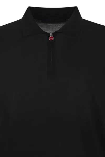 Kiton Wool Long Sleeve Polo With Ribbed Cuffs And Hem In Black