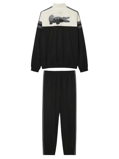 Lacoste Hooded Striped Tracksuit In Black
