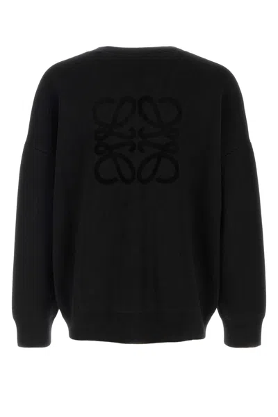 Loewe Stretch Wool Blend Cardigan Ribbed Cuffs Hem In Black