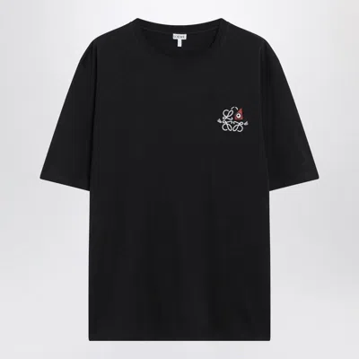 Loewe Navy Blue T-shirt With Anagram Embroidery And Futurist Cat In Black