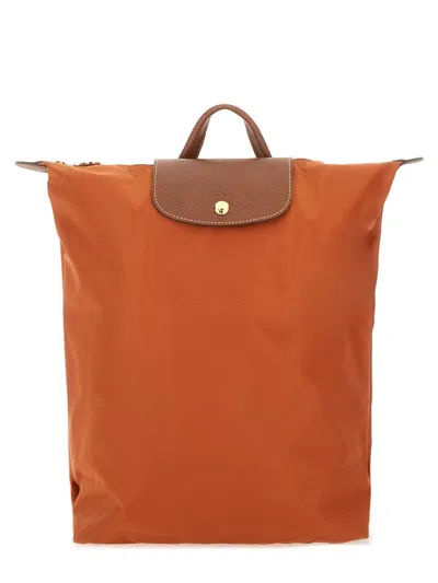 Longchamp Leather Trim Top Handle Adjustable Shoulder Straps Backpack In Orange