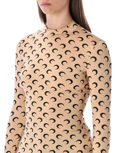 Marine Serre Moon Printed Jersey Long Sleeve Crewneck Top In Nude