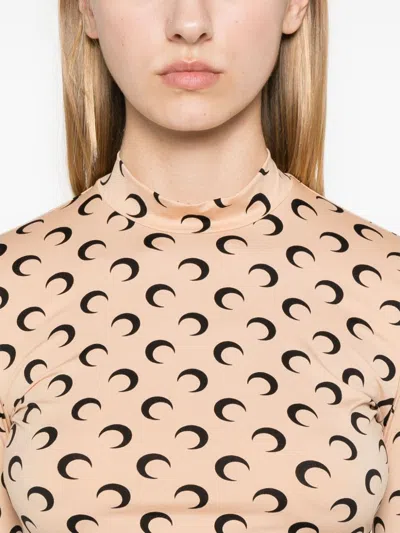 Marine Serre Moon Printed Jersey Long Sleeve Crewneck Top In Nude