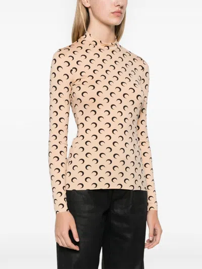 Marine Serre Moon Printed Jersey Long Sleeve Crewneck Top In Nude