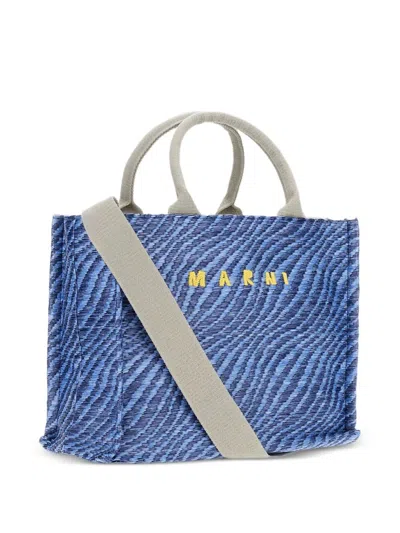 Marni Basket Small Jacquard Raffia-effect Tote In Blue