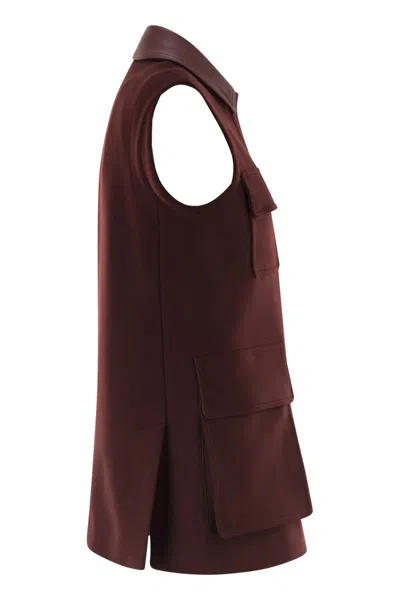 Max Mara Sleeveless Jacket With Leather Collar And Pockets In Burgundy