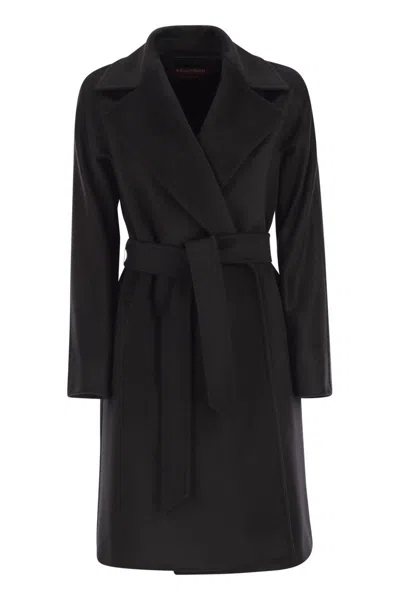 Max Mara Waist Belted Long Length Lapels Pockets In Black