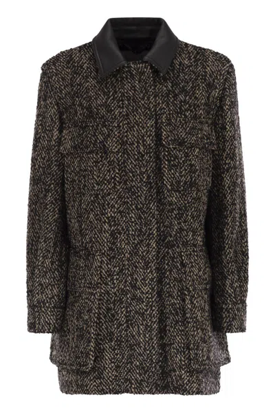 Max Mara Herringbone Pattern Wool Jacket With Leather Collar In Black