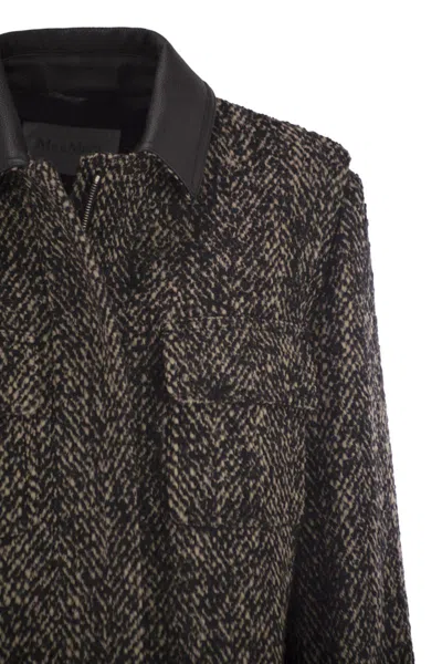 Max Mara Herringbone Pattern Wool Jacket With Leather Collar In Black