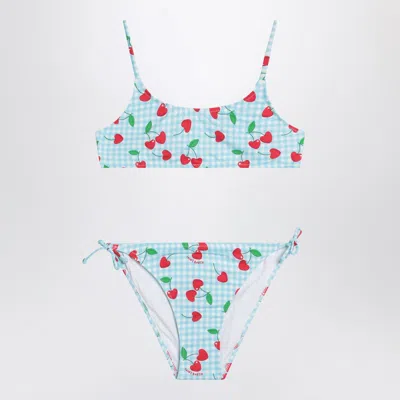Mc2 Saint Barth Bralette Bikini With Vichy And Cherries Pattern In Blue