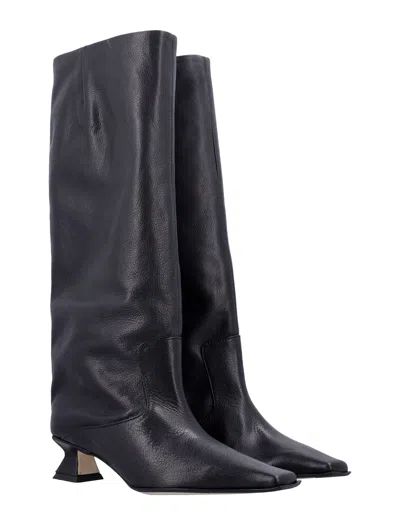 Miista Square Toe Leather Knee-high Boot In Black