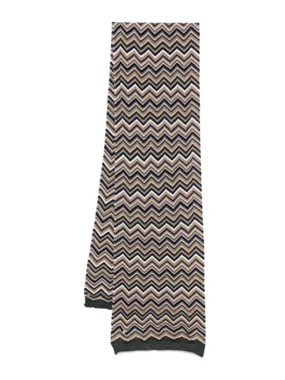 Missoni Chevron Pattern Lightweight Rectangular Wool Scarf In Brown