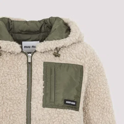 Miu Miu Beige And Green Wool Blouson Jacket In Brown