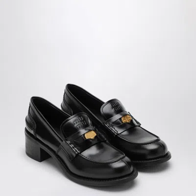 Miu Miu Black Penny Loafer In Brushed Leather In Black