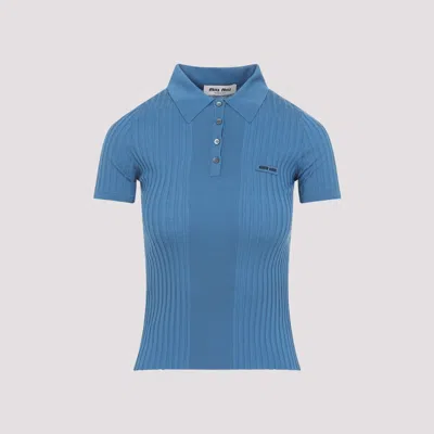 Miu Miu Short Sleeve Polo Shirt Ribbed Texture In Blue
