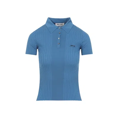 Miu Miu Short Sleeve Polo Shirt Ribbed Texture In Blue