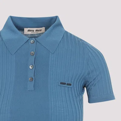 Miu Miu Short Sleeve Polo Shirt Ribbed Texture In Blue