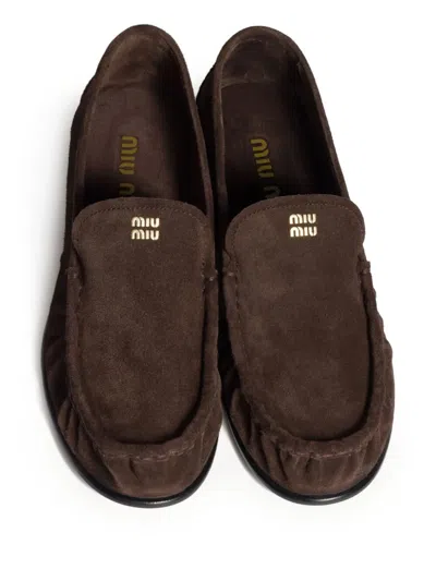 Miu Miu Suede Round Toe Slip On Loafers In Brown