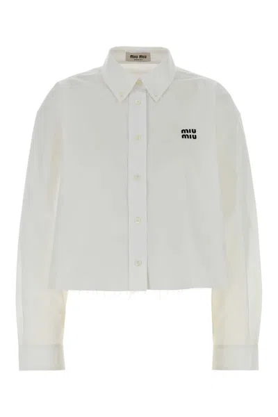 Miu Miu Cropped Long Sleeve Shirt With Point Collar In White