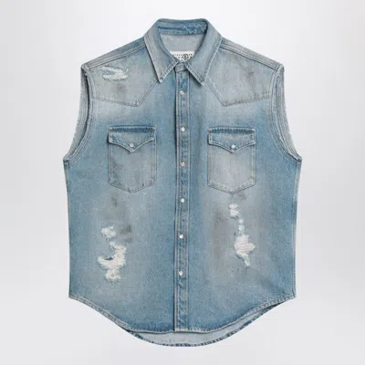 Mm6 Maison Margiela Mm6 By Maison Margiela Short-sleeved Denim-effect Shirt With Flap Pockets In Blue