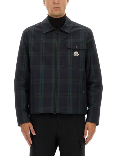 Moncler Cotton Gabarine Shirt Jacket With Check Pattern In Blue
