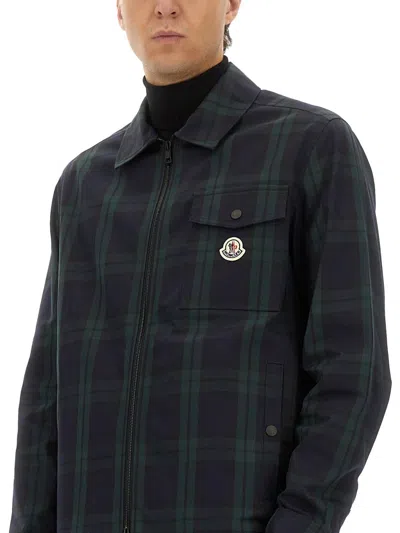Moncler Cotton Gabarine Shirt Jacket With Check Pattern In Blue