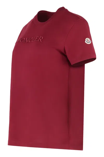 Moncler Embroidered Tonal Logo Cotton T-shirt In Burgundy