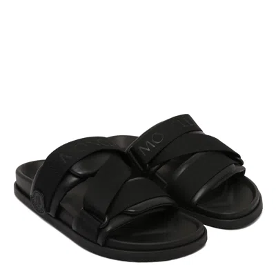 Moncler Black Leather And Fabric Sandals In Animal Print
