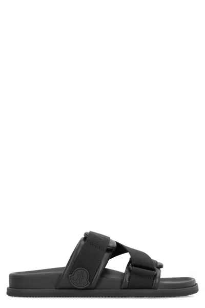 Moncler Black Leather And Fabric Sandals In Animal Print