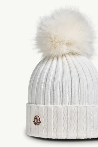 Moncler Wool Cap With Synthetic Pompom In White