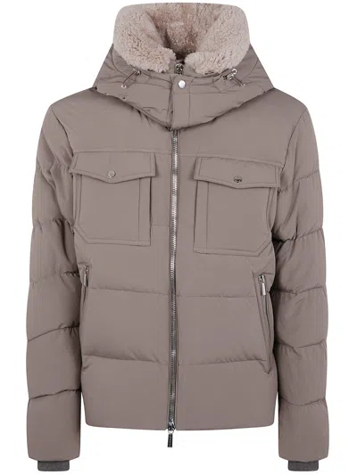 Moorer Pockets Hooded Quilted Ribbed Cuffs In Brown