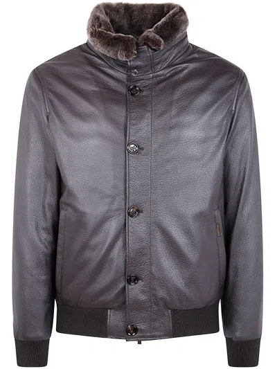 Moorer Textured Leather Jacket Fur Collar In Black