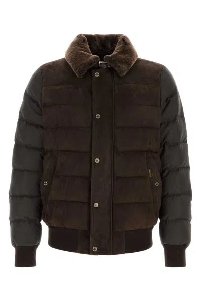 Moorer Viani Suede Padded Jacket With Shearling Collar In Brown