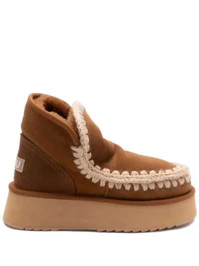 Mou Mini Eskimo Beige Ankle Boots With Logo Patch On The Rear In Leather And Suede Woman In Brown