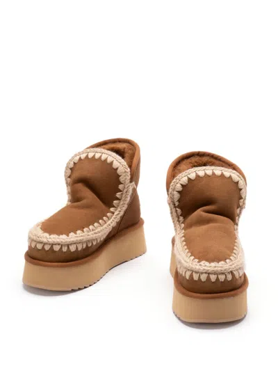 Mou Mini Eskimo Beige Ankle Boots With Logo Patch On The Rear In Leather And Suede Woman In Brown