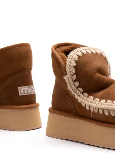Mou Mini Eskimo Beige Ankle Boots With Logo Patch On The Rear In Leather And Suede Woman In Brown