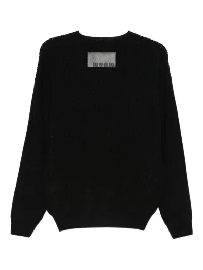 Msgm Knitted Sweater With Turquoise Stripe Hem Detail In Black