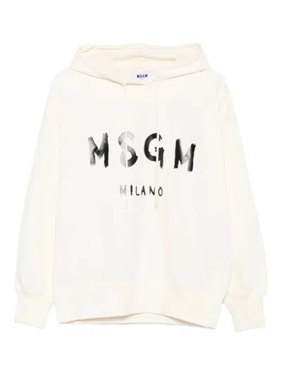 Msgm Classic Logo Print Hoodie With Raglan Sleeves In Neutral
